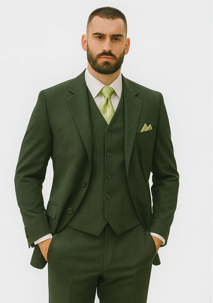 Mens 2 Button Vested Basic Wool Feel Suit in Olive - Image 3