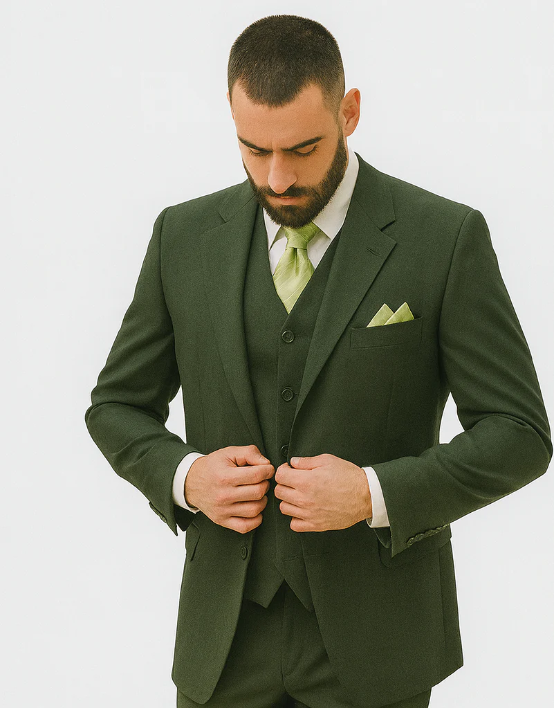 Mens 2 Button Vested Basic Wool Feel Suit in Olive - Image 4