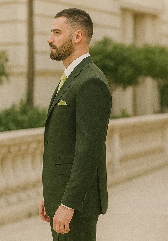 Mens 2 Button Vested Basic Wool Feel Suit in Olive - Image 5