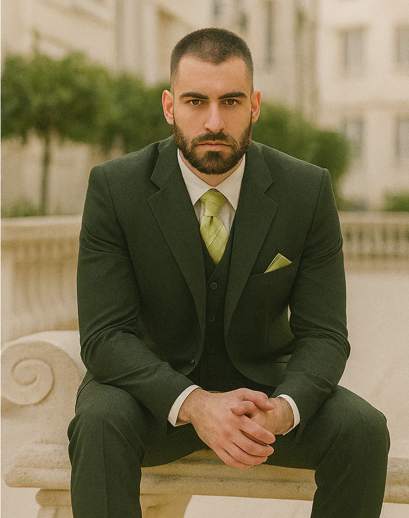 Mens 2 Button Vested Basic Wool Feel Suit in Olive - Image 6