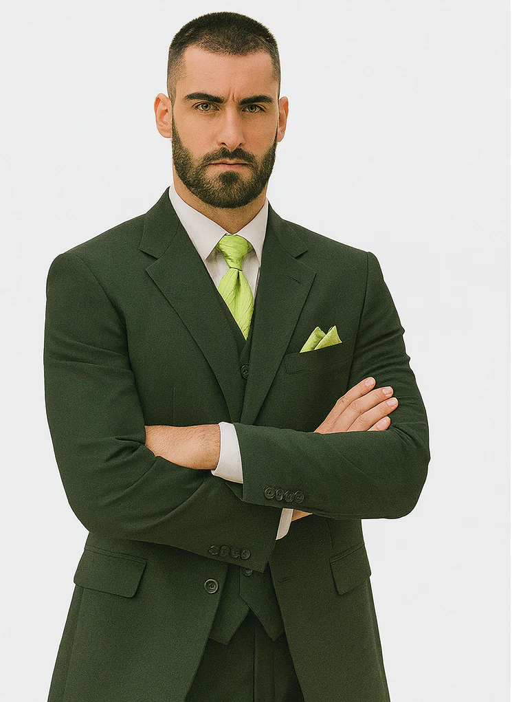 Mens 2 Button Vested Basic Wool Feel Suit in Olive - Image 7