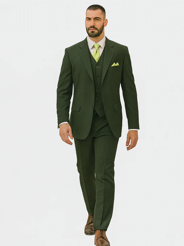 Mens 2 Button Vested Basic Wool Feel Suit in Olive - Image 8