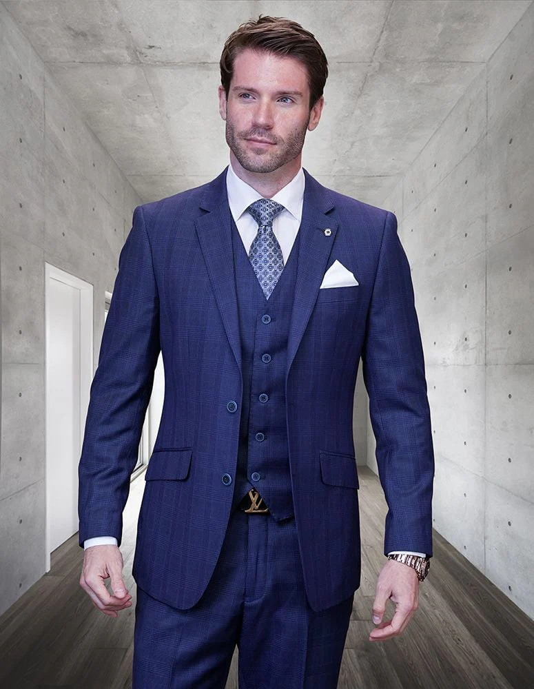 Mens 3 Piece 100% Wool Plaid Suit Classic Design Statement - Image 2