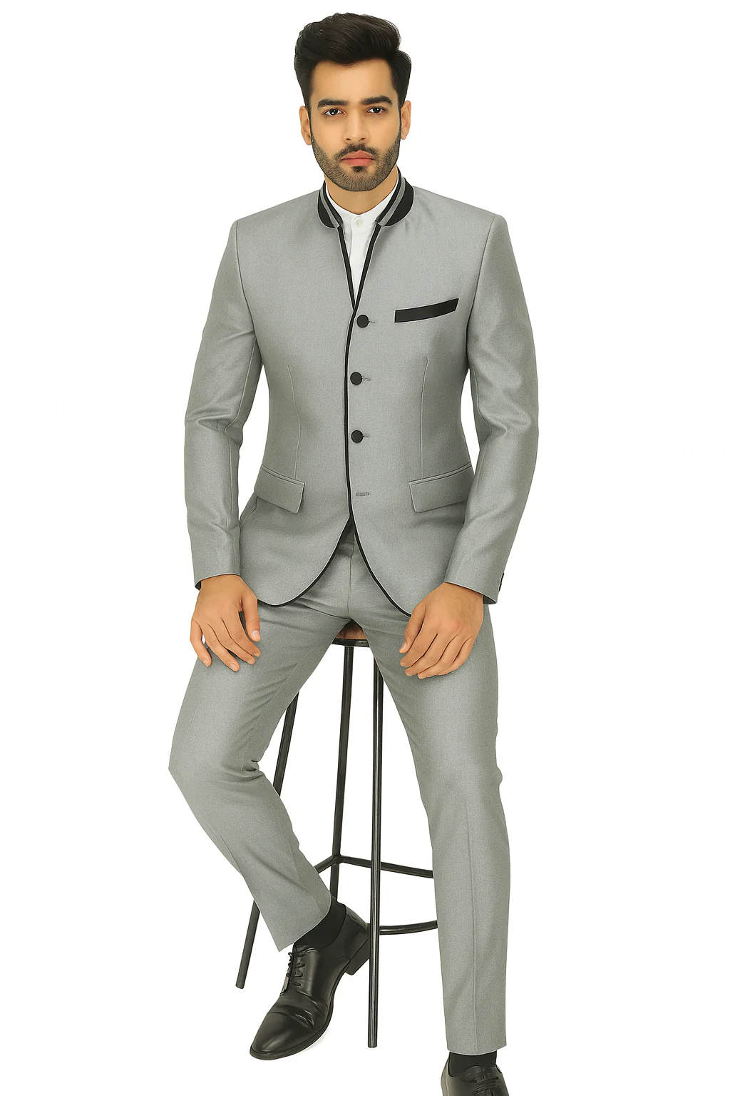 Mens 4 button Mandarin Tuxedo in Sharkskin Silver Grey with Black Trim - Image 3