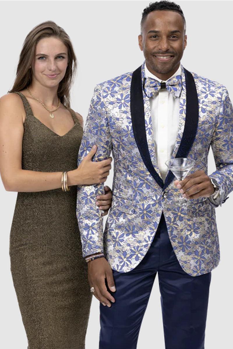 EJ SAMUEL Prom Tuxedo Jacket - Aqua Blue & Gold Paisley Floral