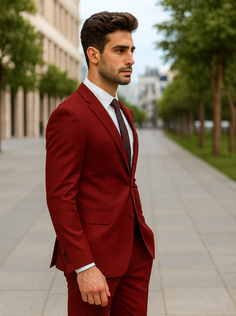 Mens Basic 2 Button Classic Fit Rayon Fabric Suit in Dark Red Light Burgundy - Image 3