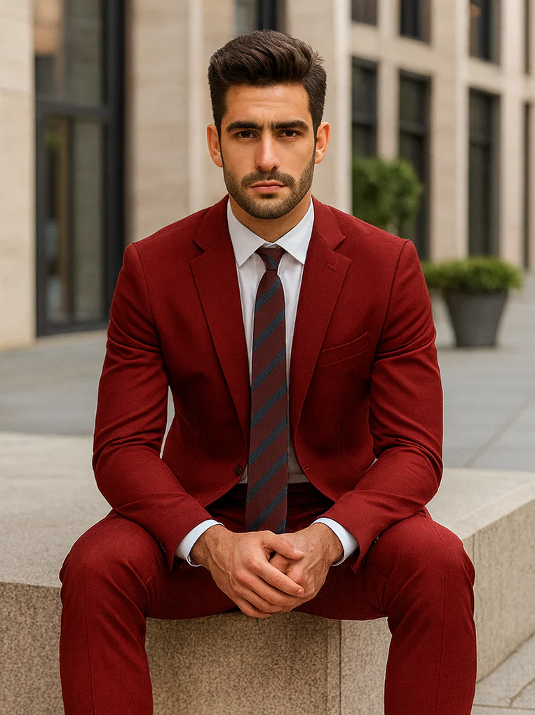 Mens Basic 2 Button Classic Fit Rayon Fabric Suit in Dark Red Light Burgundy - Image 4