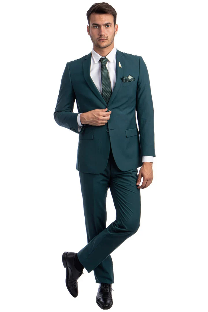 Men's Basic 2 Button Slim Fit Wedding Teal Green Suit - Image 2