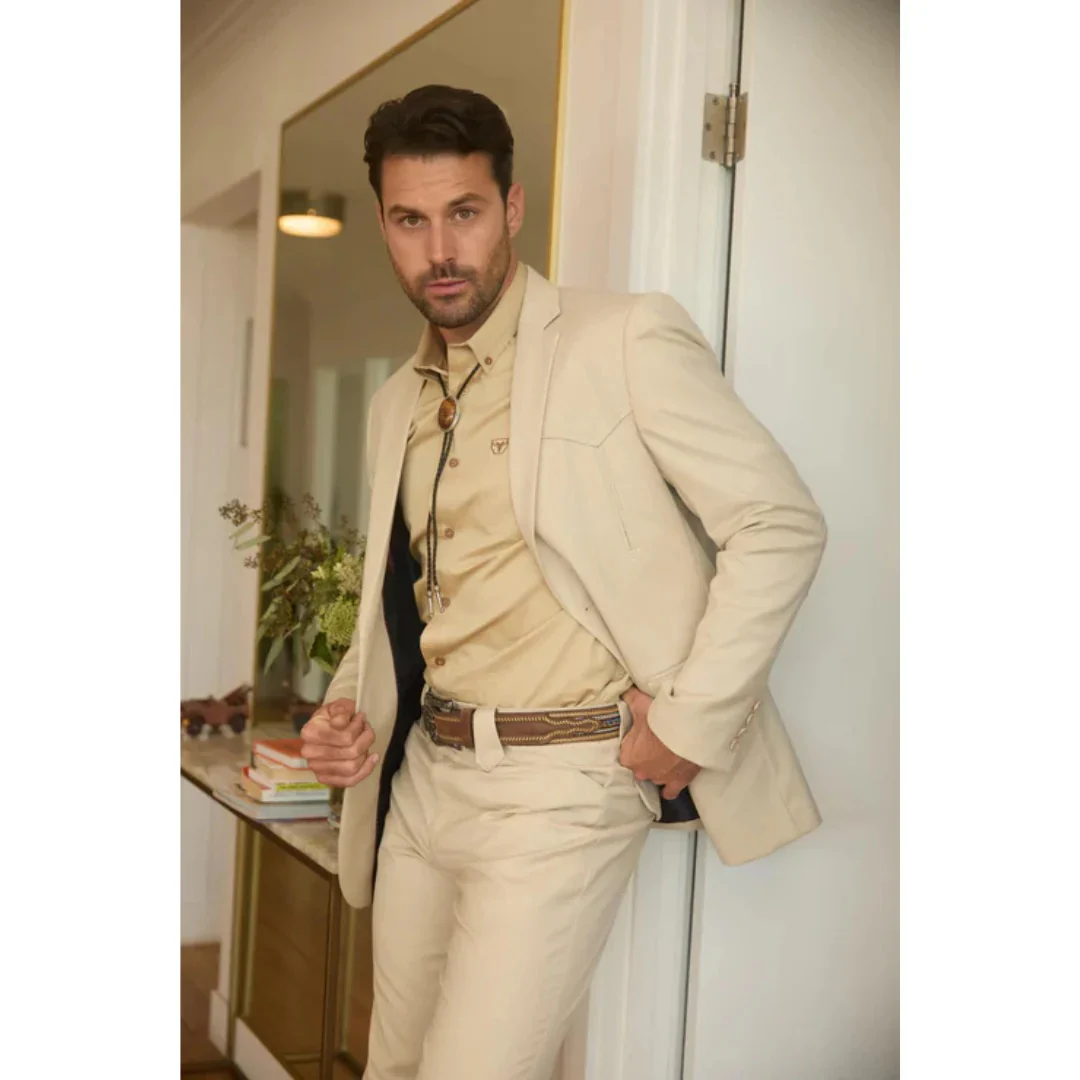 Men’s Beige Platini Western Sport Suit with Classic Elbow Patches - Image 3