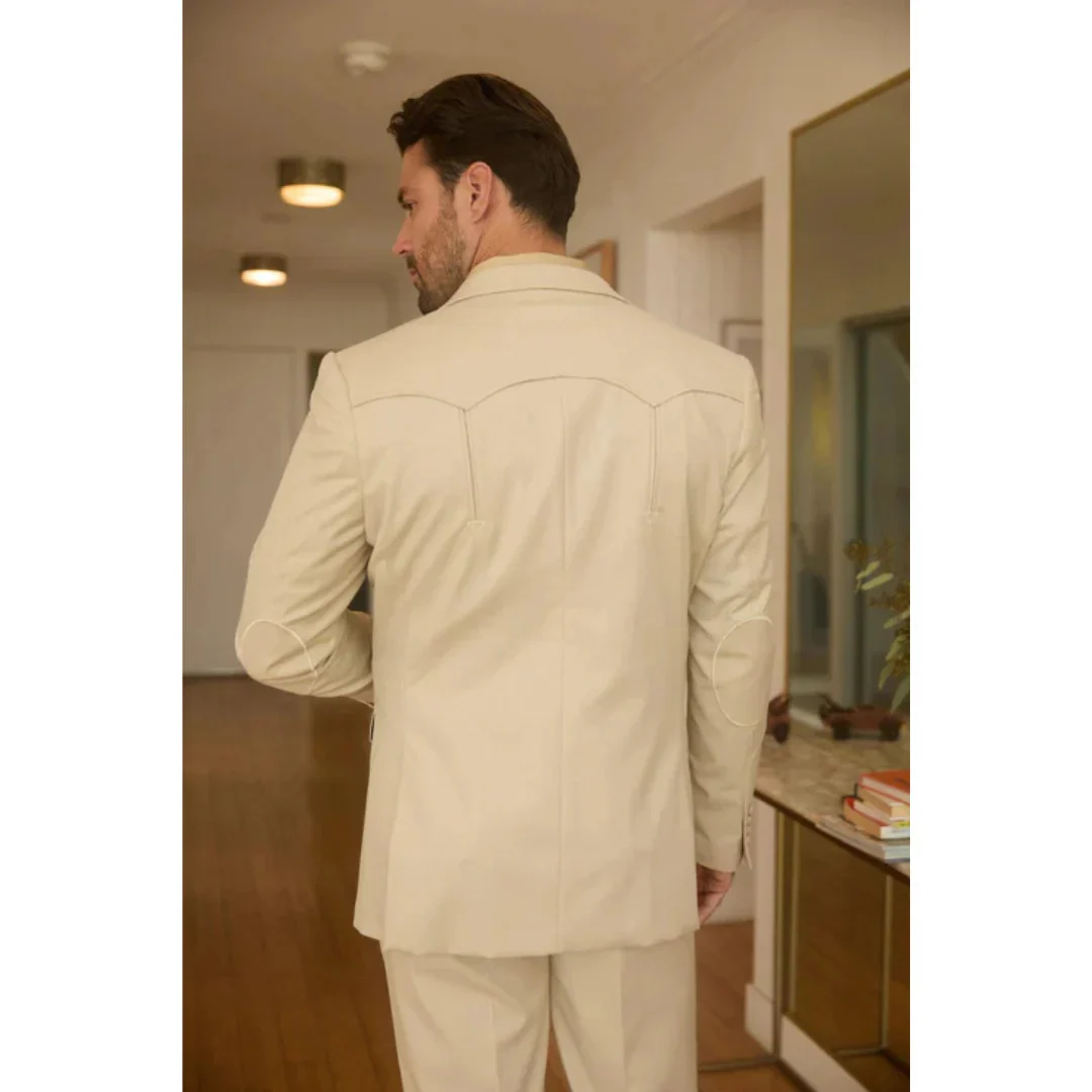 Men’s Beige Platini Western Sport Suit with Classic Elbow Patches - Image 6