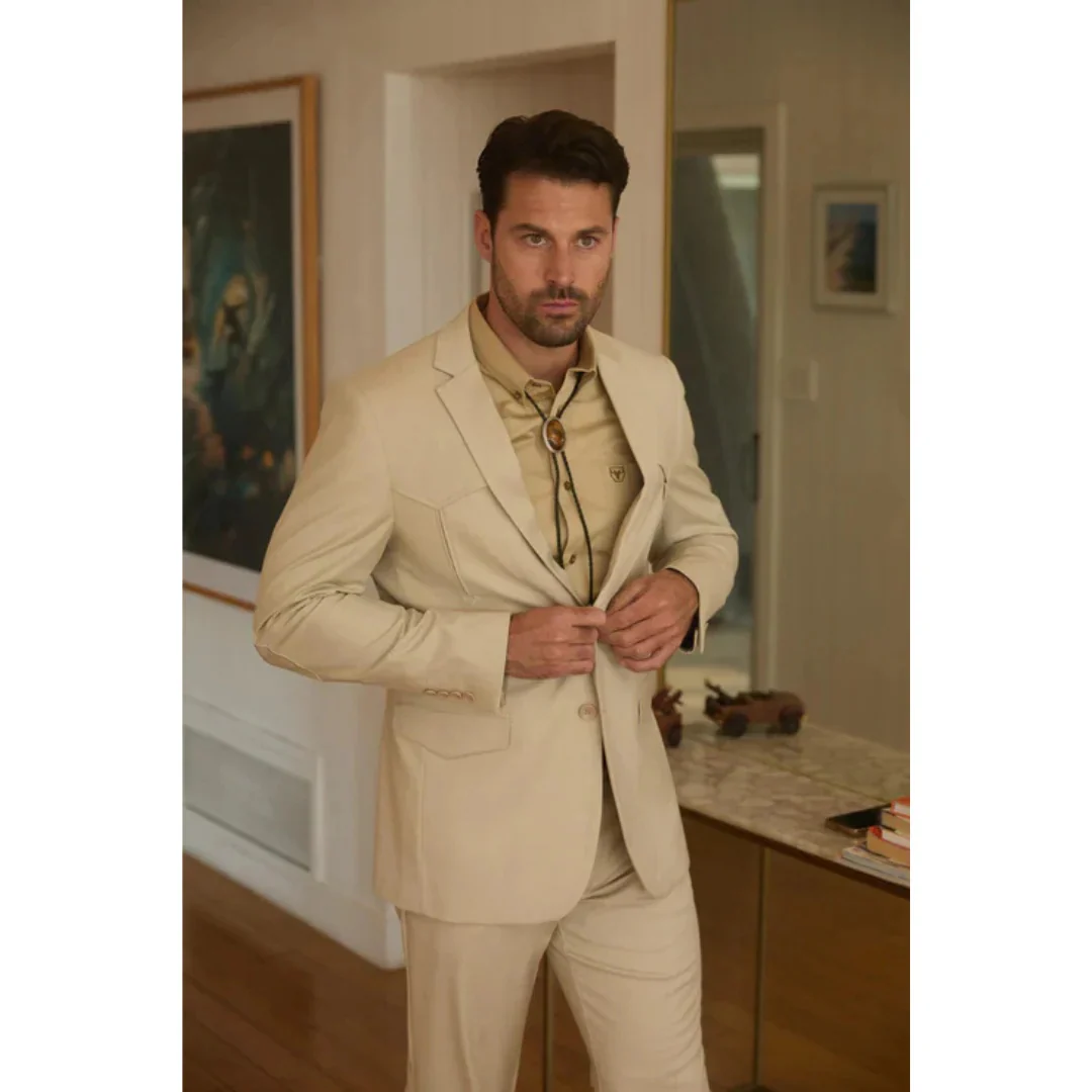 Men’s Beige Platini Western Sport Suit with Classic Elbow Patches - Image 8