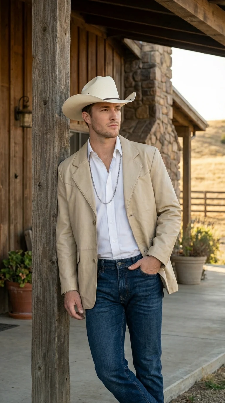Mens Beige Sand Bone Real Leather Cowboy Western Blazer – Classic Western Style Leather Jacket Casual Formal Ranch Coat for Men - Image 10
