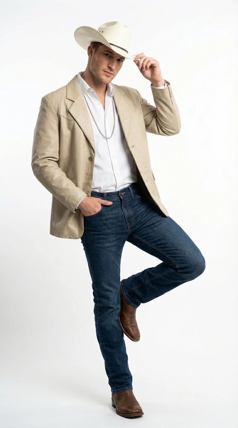 Mens Beige Sand Bone Real Leather Cowboy Western Blazer – Classic Western Style Leather Jacket Casual Formal Ranch Coat for Men - Image 4