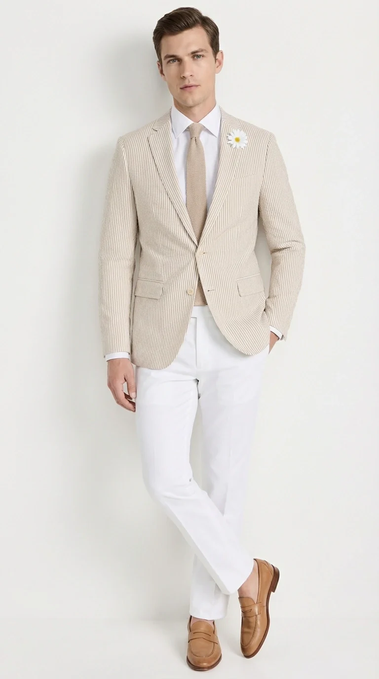 Mens Beige Seersucker Blazer – Lightweight Striped Summer Sport Coat Casual Smart Formal Jacket - Image 12