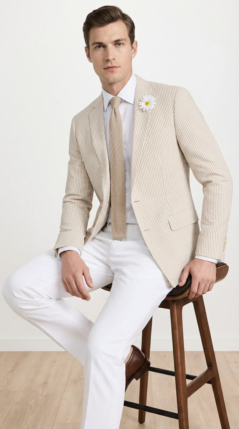 Mens Beige Seersucker Blazer – Lightweight Striped Summer Sport Coat Casual Smart Formal Jacket - Image 5