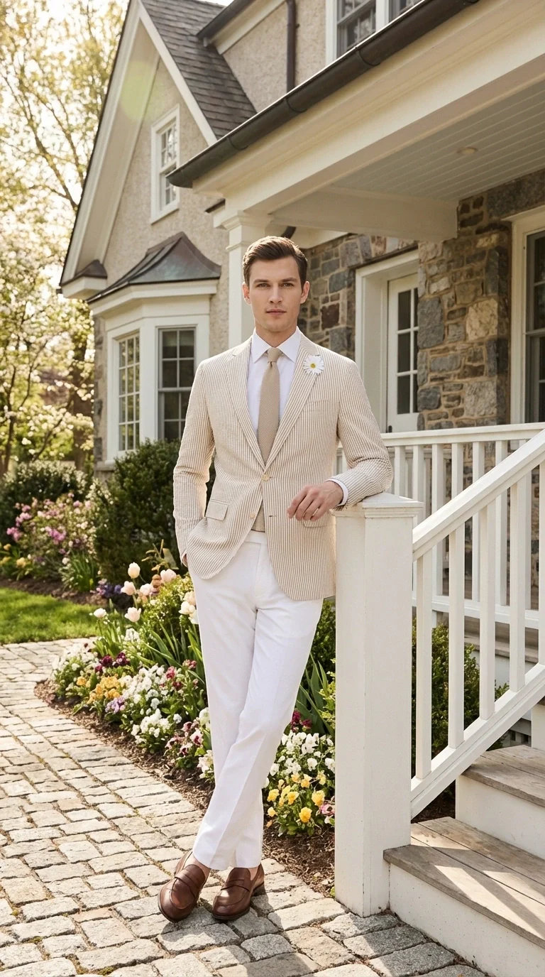 Mens Beige Seersucker Blazer – Lightweight Striped Summer Sport Coat Casual Smart Formal Jacket - Image 8