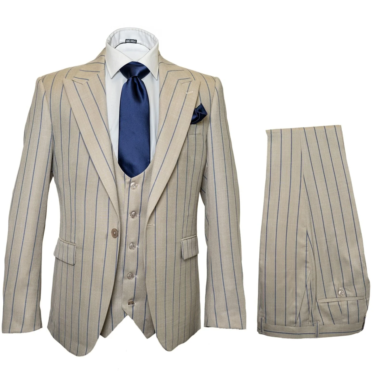 Men's Beige with blue Pinstripe Three-Piece Suit with Vest by Rossiman Vested Peak Lapel in Tan Stripe 1920s style - Image 10