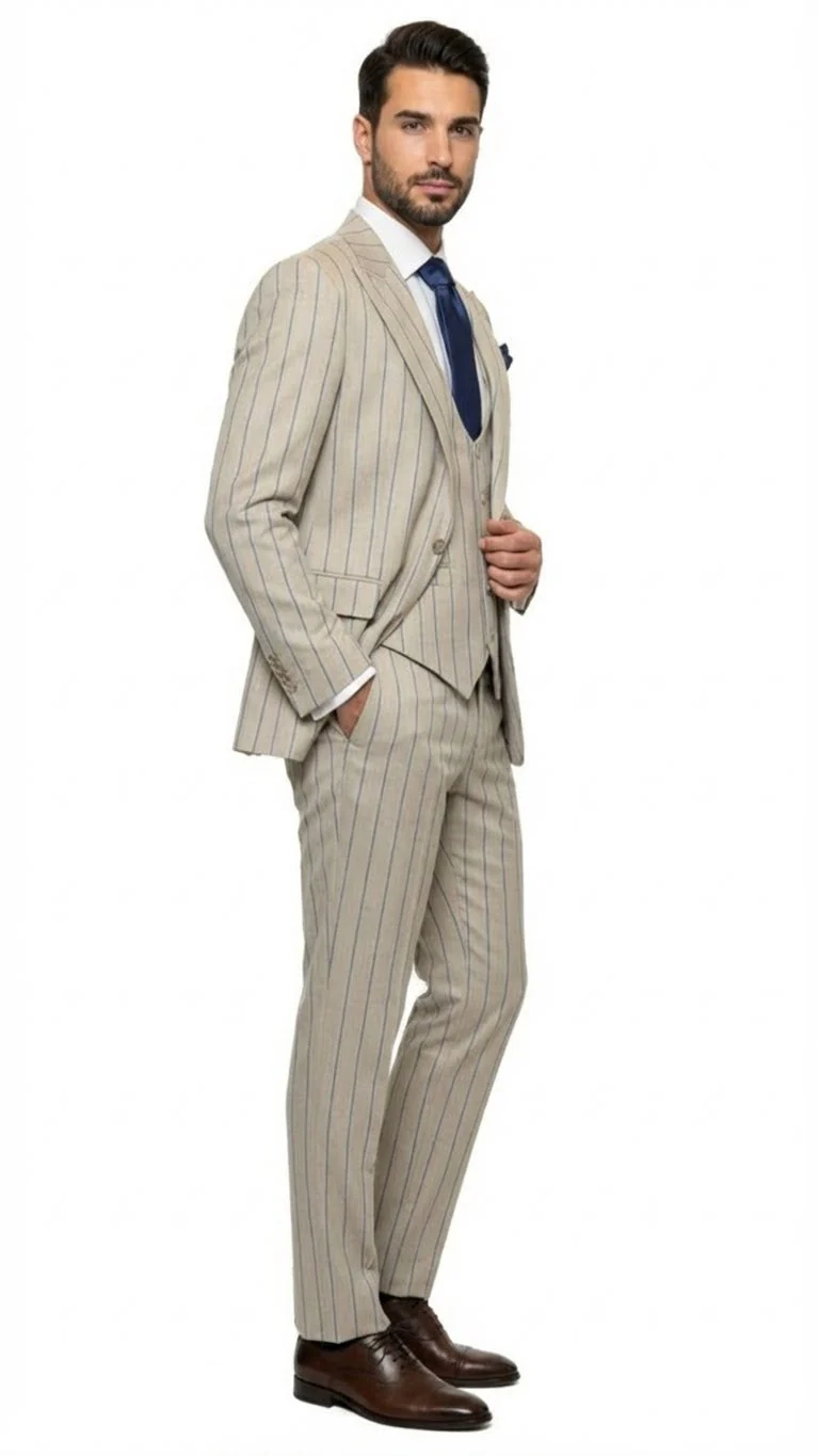 Men's Beige with blue Pinstripe Three-Piece Suit with Vest by Rossiman Vested Peak Lapel in Tan Stripe 1920s style - Image 3
