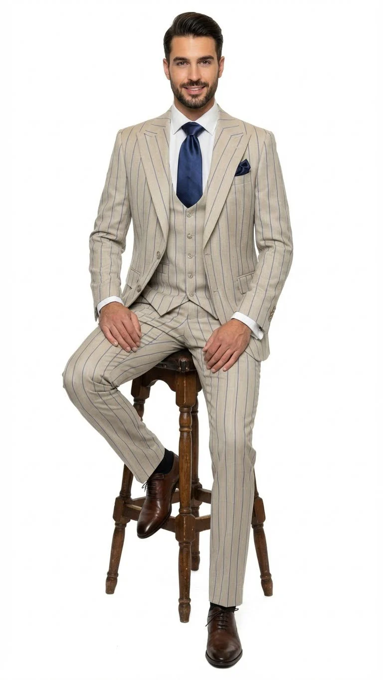 Men's Beige with blue Pinstripe Three-Piece Suit with Vest by Rossiman Vested Peak Lapel in Tan Stripe 1920s style - Image 4