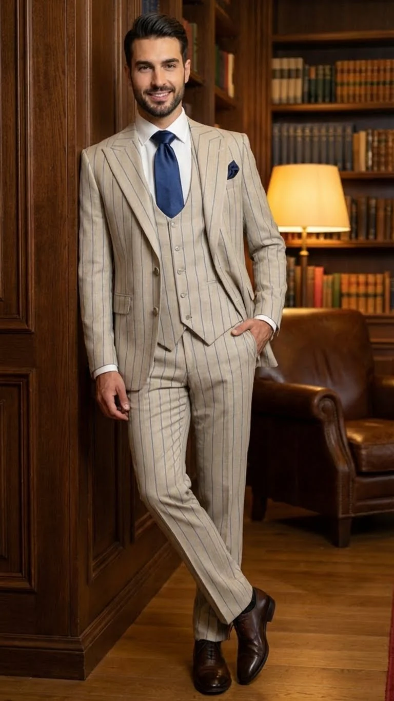 Men's Beige with blue Pinstripe Three-Piece Suit with Vest by Rossiman Vested Peak Lapel in Tan Stripe 1920s style - Image 6