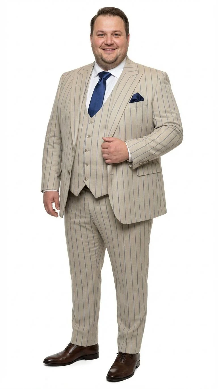 Men's Beige with blue Pinstripe Three-Piece Suit with Vest by Rossiman Vested Peak Lapel in Tan Stripe 1920s style - Image 9