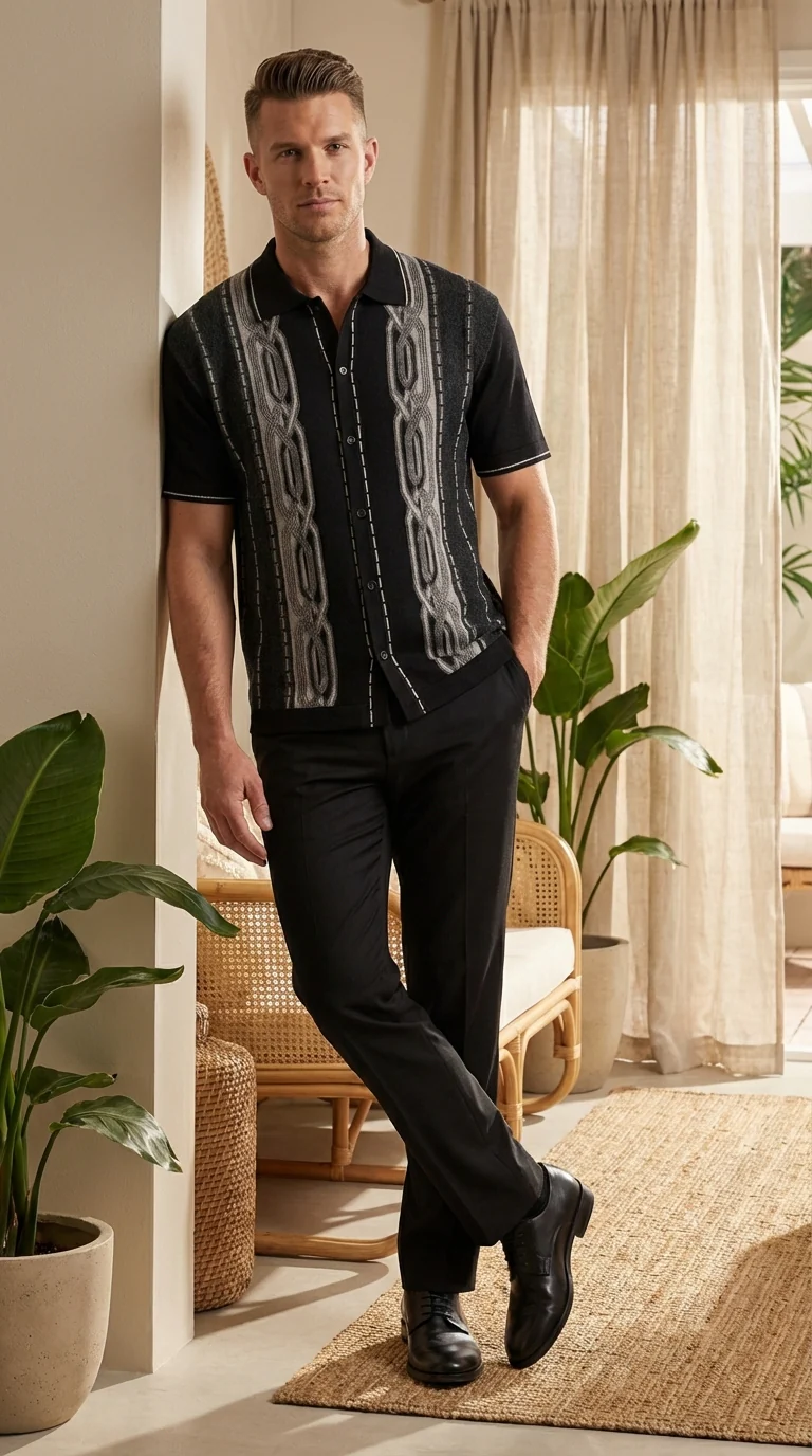 Mens Black and Gray Pattern Walking Suit Set – Short Sleeve Knit Shirt and Pants Casual Outfit for Summer, Travel and Everyday Wear - Image 10