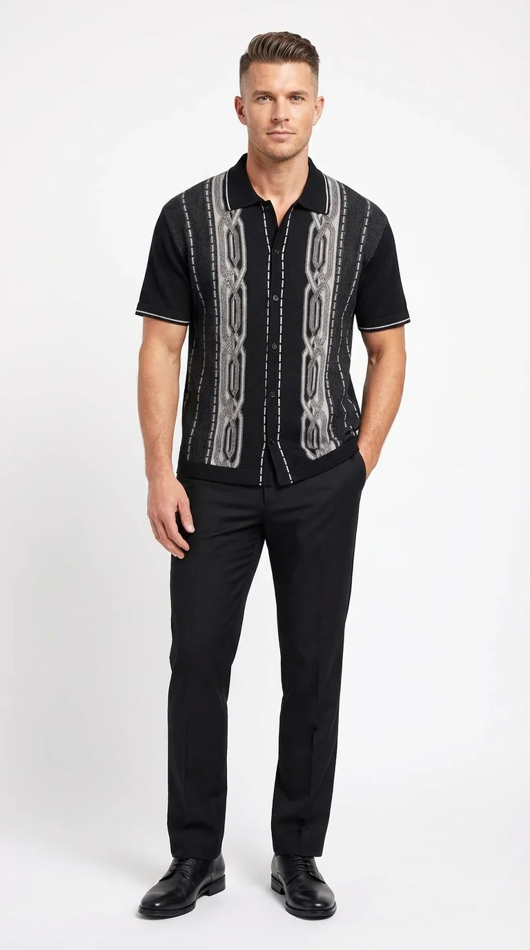 Mens Black and Gray Pattern Walking Suit Set – Short Sleeve Knit Shirt and Pants Casual Outfit for Summer, Travel and Everyday Wear - Image 2