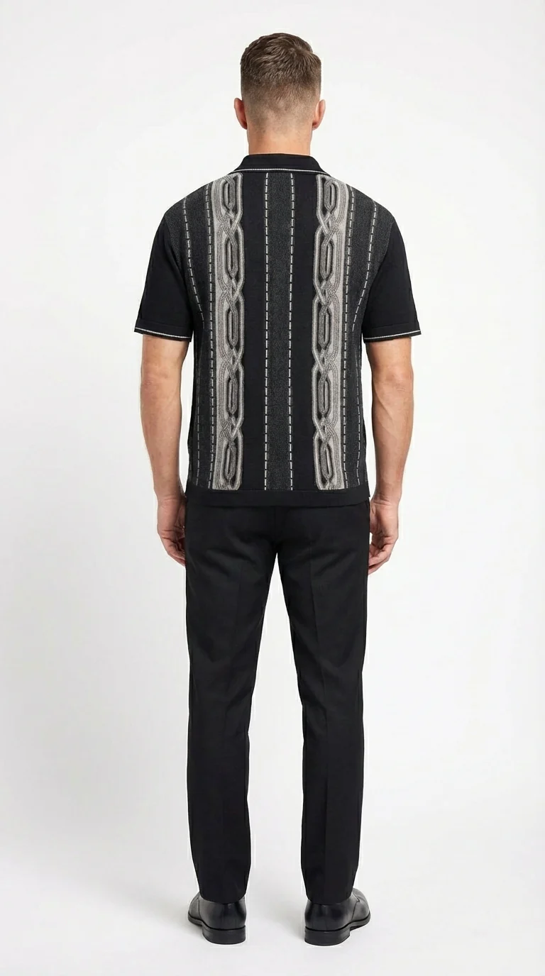Mens Black and Gray Pattern Walking Suit Set – Short Sleeve Knit Shirt and Pants Casual Outfit for Summer, Travel and Everyday Wear - Image 3