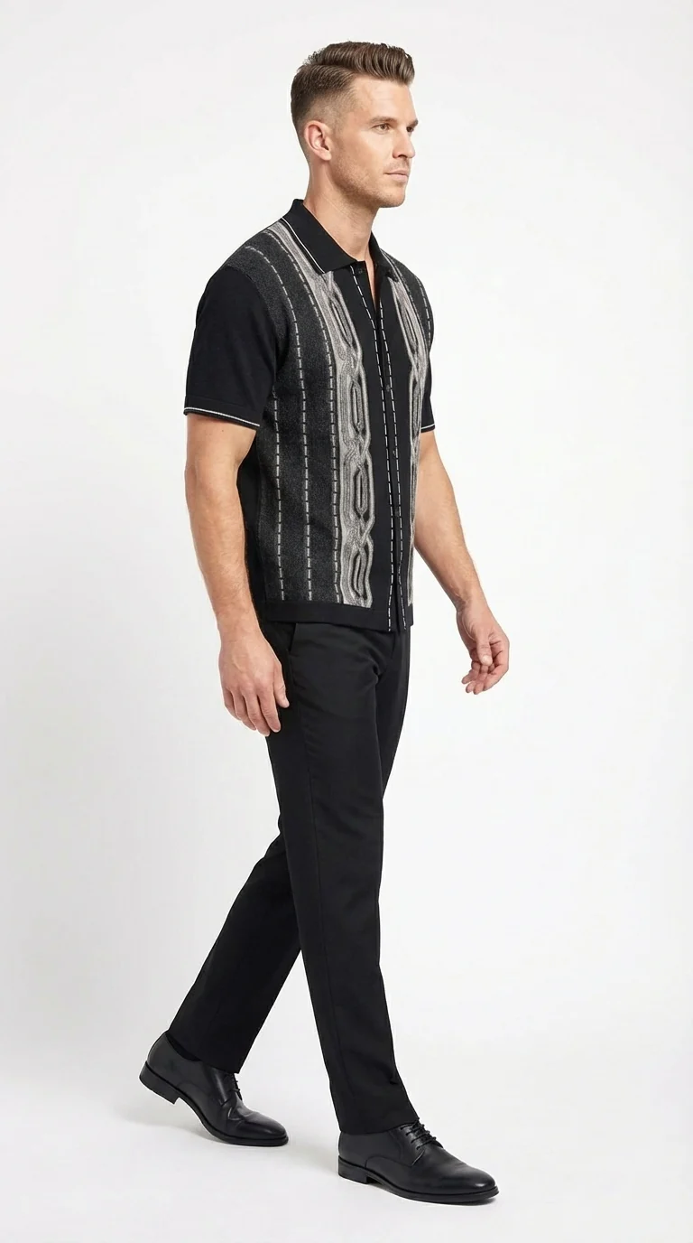 Mens Black and Gray Pattern Walking Suit Set – Short Sleeve Knit Shirt and Pants Casual Outfit for Summer, Travel and Everyday Wear - Image 4