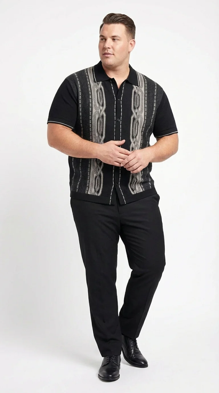 Mens Black and Gray Pattern Walking Suit Set – Short Sleeve Knit Shirt and Pants Casual Outfit for Summer, Travel and Everyday Wear - Image 6