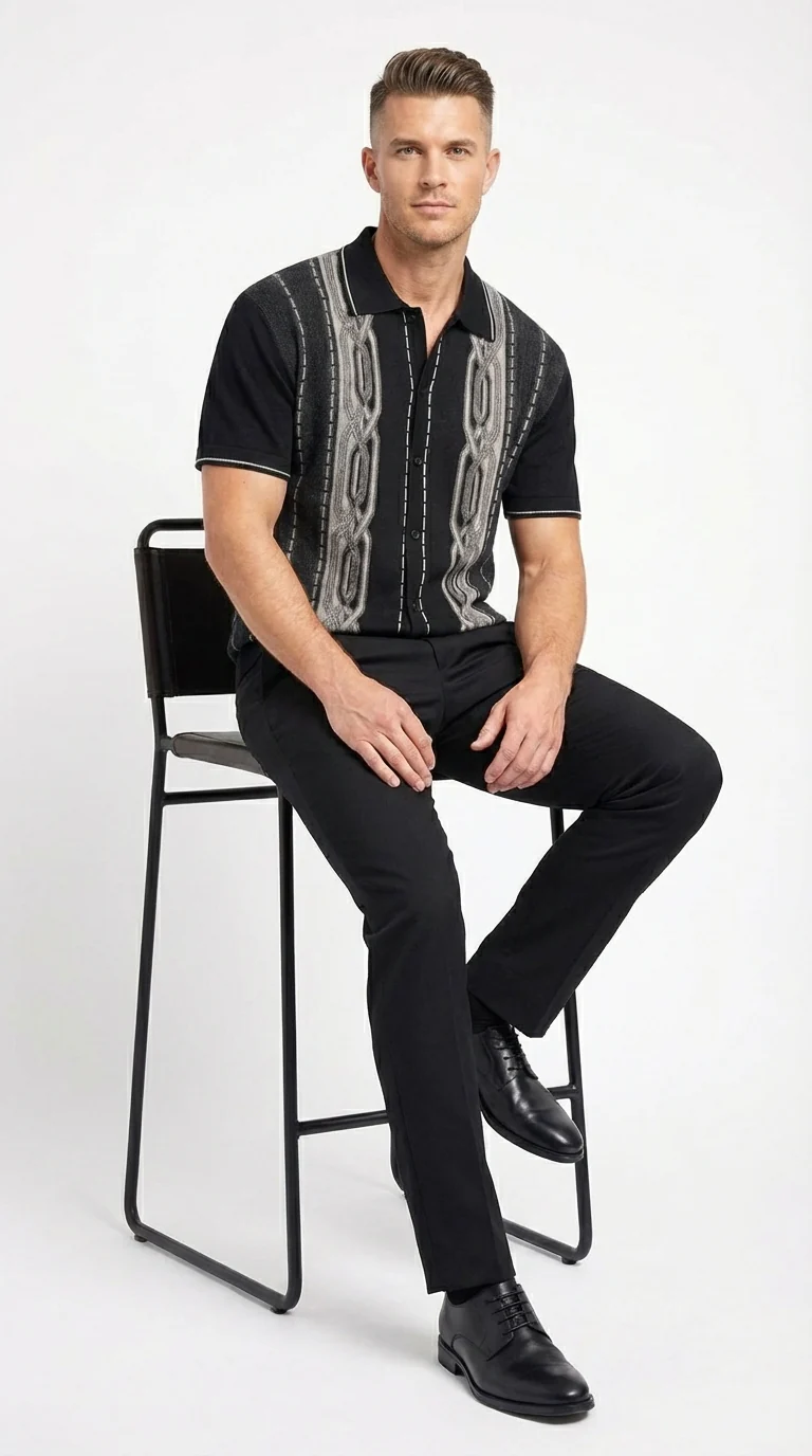 Mens Black and Gray Pattern Walking Suit Set – Short Sleeve Knit Shirt and Pants Casual Outfit for Summer, Travel and Everyday Wear - Image 7