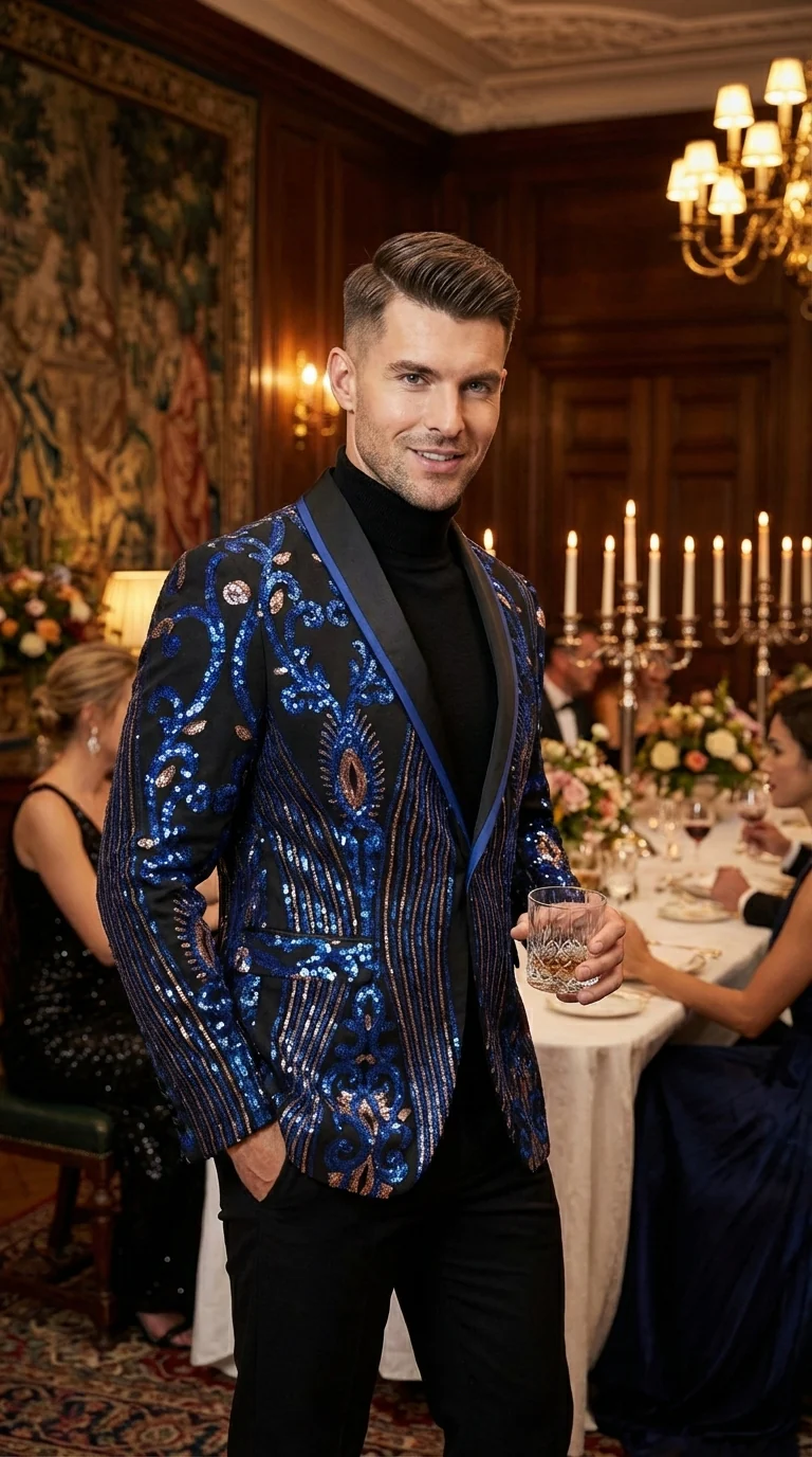 Mens Black and Royal and Gold and Navy Blue Sequin Tuxedo Suit Set – Luxury Prom Wedding Tuxedo with Sequin Jacket - Image 11