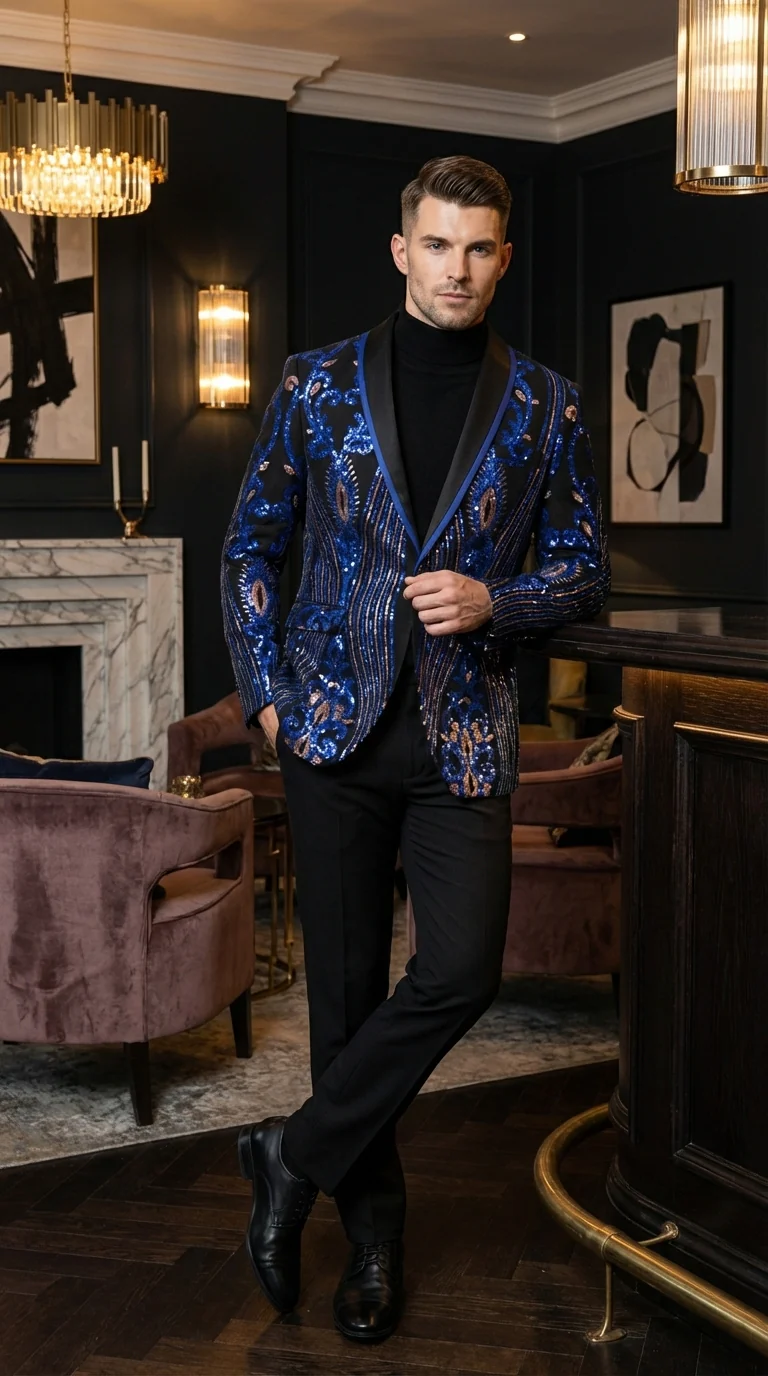 Mens Black and Royal and Gold and Navy Blue Sequin Tuxedo Suit Set – Luxury Prom Wedding Tuxedo with Sequin Jacket - Image 12