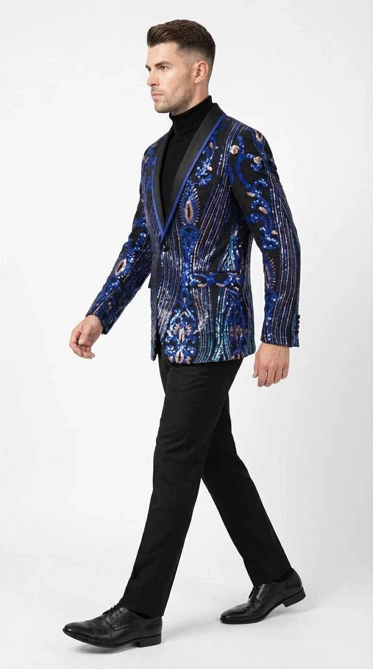 Mens Black and Royal and Gold and Navy Blue Sequin Tuxedo Suit Set – Luxury Prom Wedding Tuxedo with Sequin Jacket - Image 3
