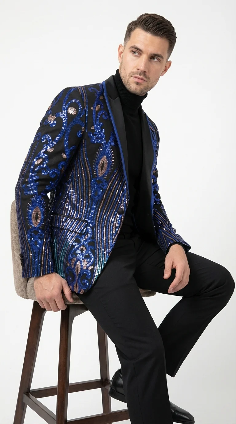 Mens Black and Royal and Gold and Navy Blue Sequin Tuxedo Suit Set – Luxury Prom Wedding Tuxedo with Sequin Jacket - Image 4