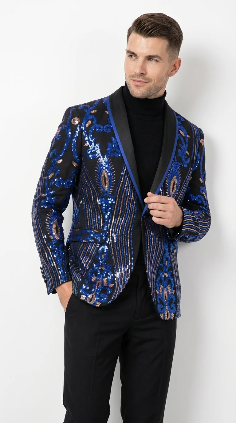 Mens Black and Royal and Gold and Navy Blue Sequin Tuxedo Suit Set – Luxury Prom Wedding Tuxedo with Sequin Jacket - Image 5