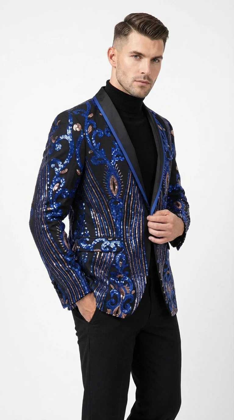 Mens Black and Royal and Gold and Navy Blue Sequin Tuxedo Suit Set – Luxury Prom Wedding Tuxedo with Sequin Jacket - Image 6