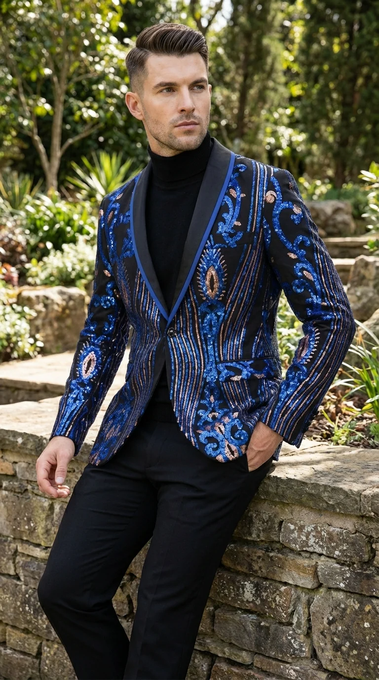 Mens Black and Royal and Gold and Navy Blue Sequin Tuxedo Suit Set – Luxury Prom Wedding Tuxedo with Sequin Jacket - Image 7