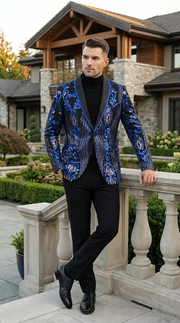 Mens Black and Royal and Gold and Navy Blue Sequin Tuxedo Suit Set – Luxury Prom Wedding Tuxedo with Sequin Jacket - Image 9