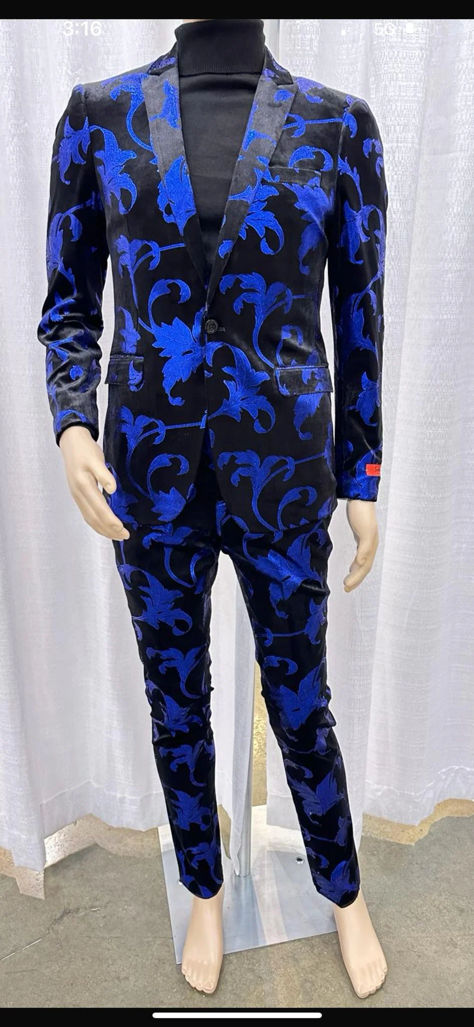 Mens Black and Royal Blue Floral Tuxedo Suit ƒ?? Slim Fit 2 Piece Velvet Embroidered Outfit for Weddings, Prom, and Formal Events - Image 3