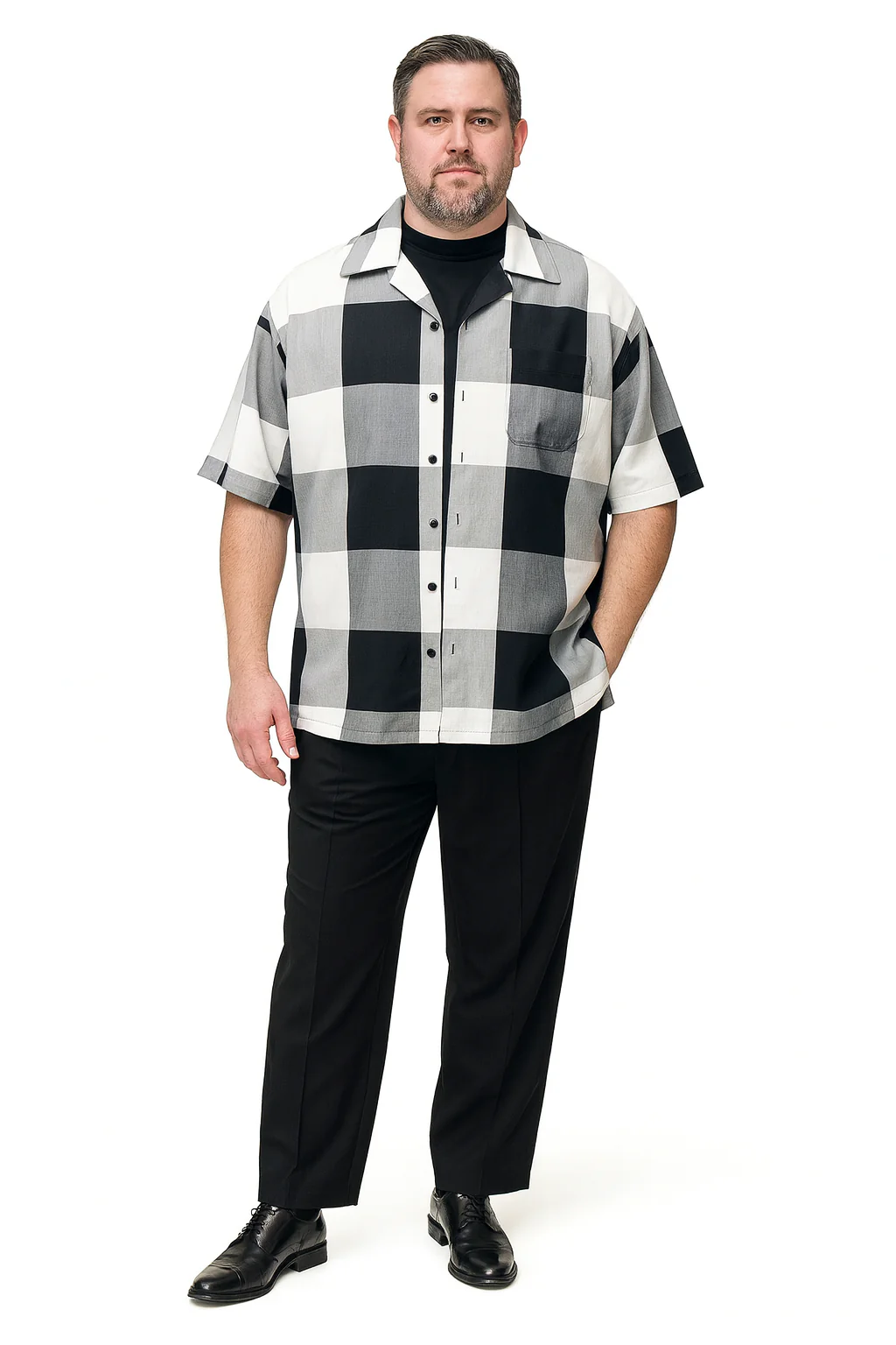 Mens Black and White Checkered Short Sleeve Shirt Set – Casual Two-Piece Summer Outfit - Image 3