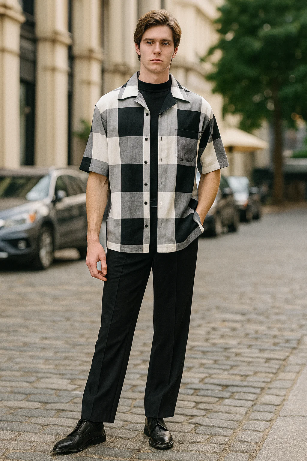 Mens Black and White Checkered Short Sleeve Shirt Set – Casual Two-Piece Summer Outfit - Image 5