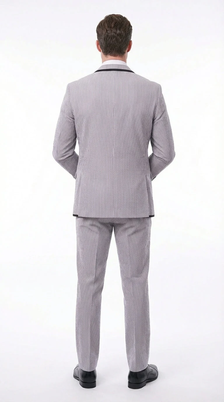Mens Black and White Pinstripe Wedding Tuxedo Suit – Three Piece Formal Suit Set with Contrast Trim for Groom, Prom - Seersucker Summer Suit - Image 2