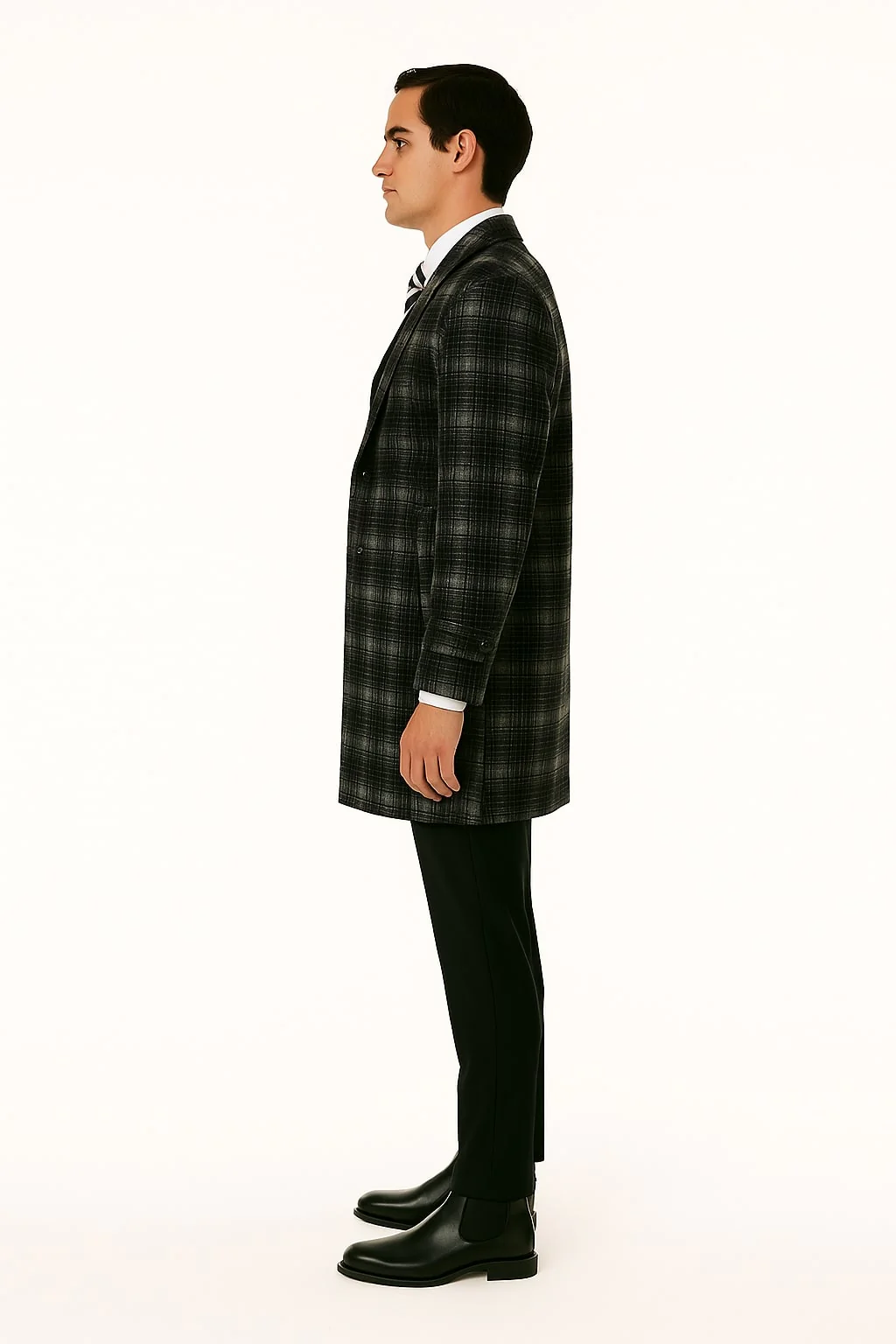 Men's Black and White Windowpane Plaid Overcoat – Classic Full Length Wool Blend Dress Coat - Image 3