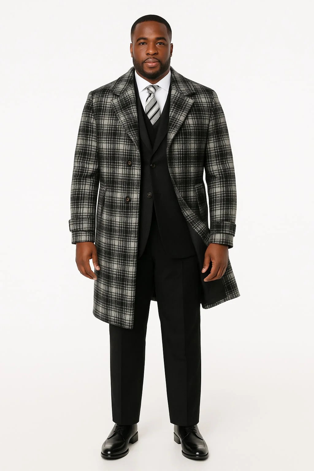 Men's Black and White Windowpane Plaid Overcoat – Classic Full Length Wool Blend Dress Coat - Image 4