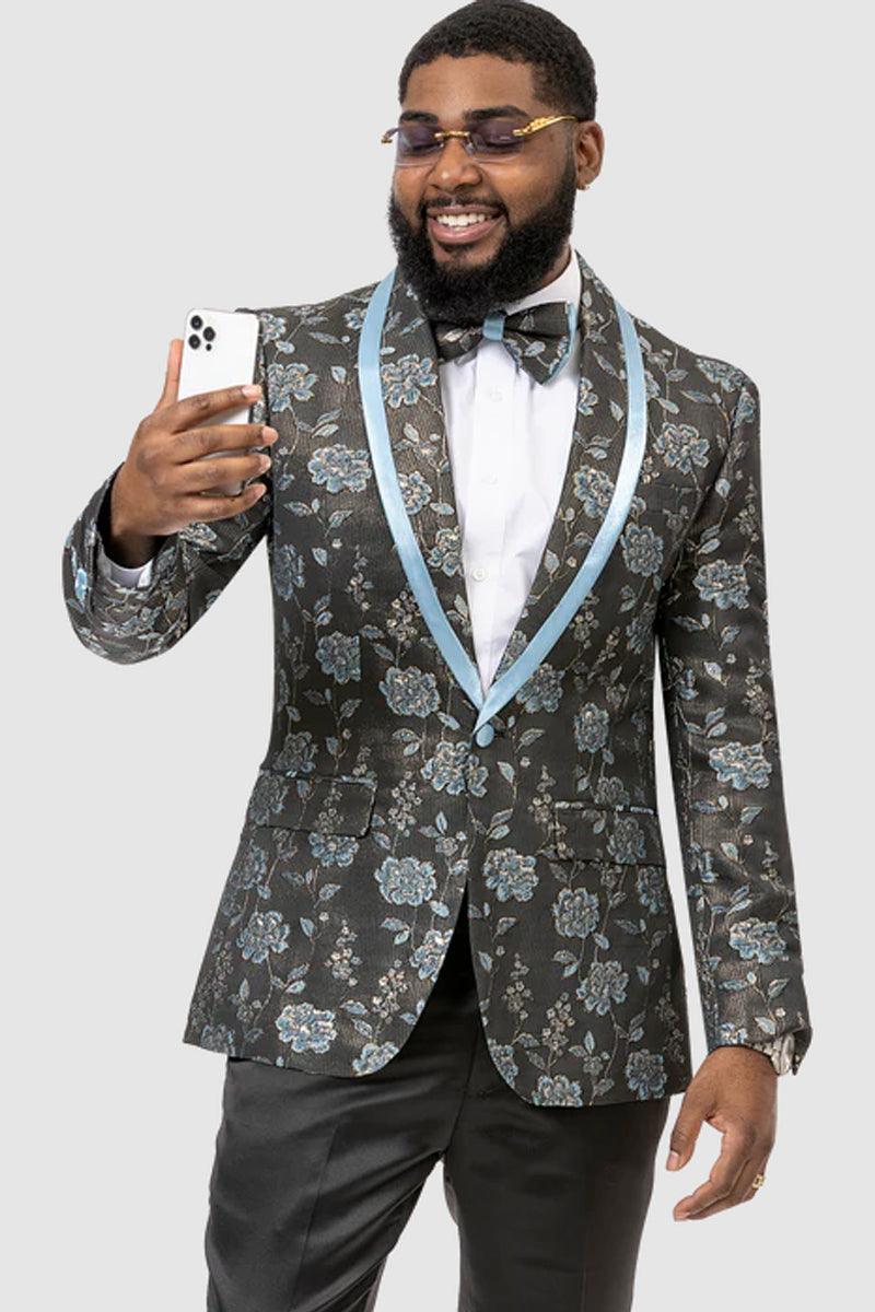 EJ Samuel Men's Paisley Floral Tux Jacket w/Blue Satin Lapel Trim