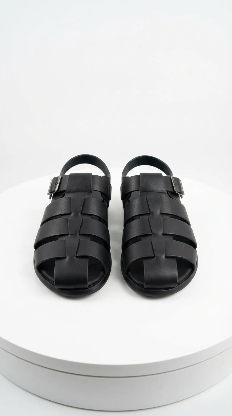 Mens Black Leather Sandals – Buckle Strap Casual Summer Shoes Breathable Open Toe Comfort Footwear