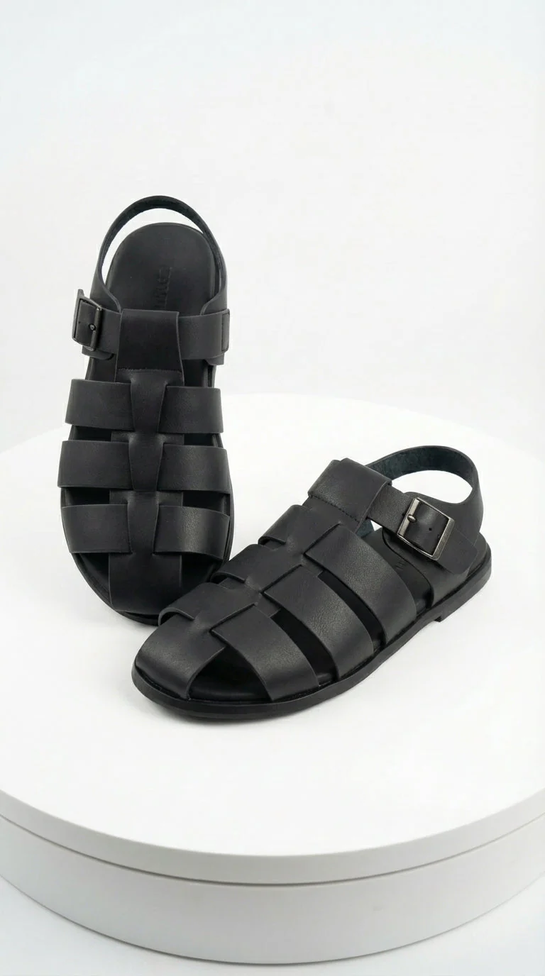 Mens Black Leather Sandals – Buckle Strap Casual Summer Shoes Breathable Open Toe Comfort Footwear - Image 2