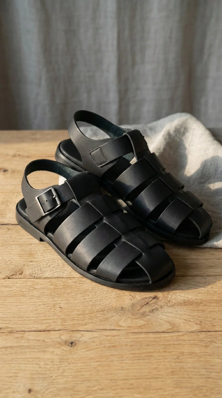 Mens Black Leather Sandals – Buckle Strap Casual Summer Shoes Breathable Open Toe Comfort Footwear - Image 7