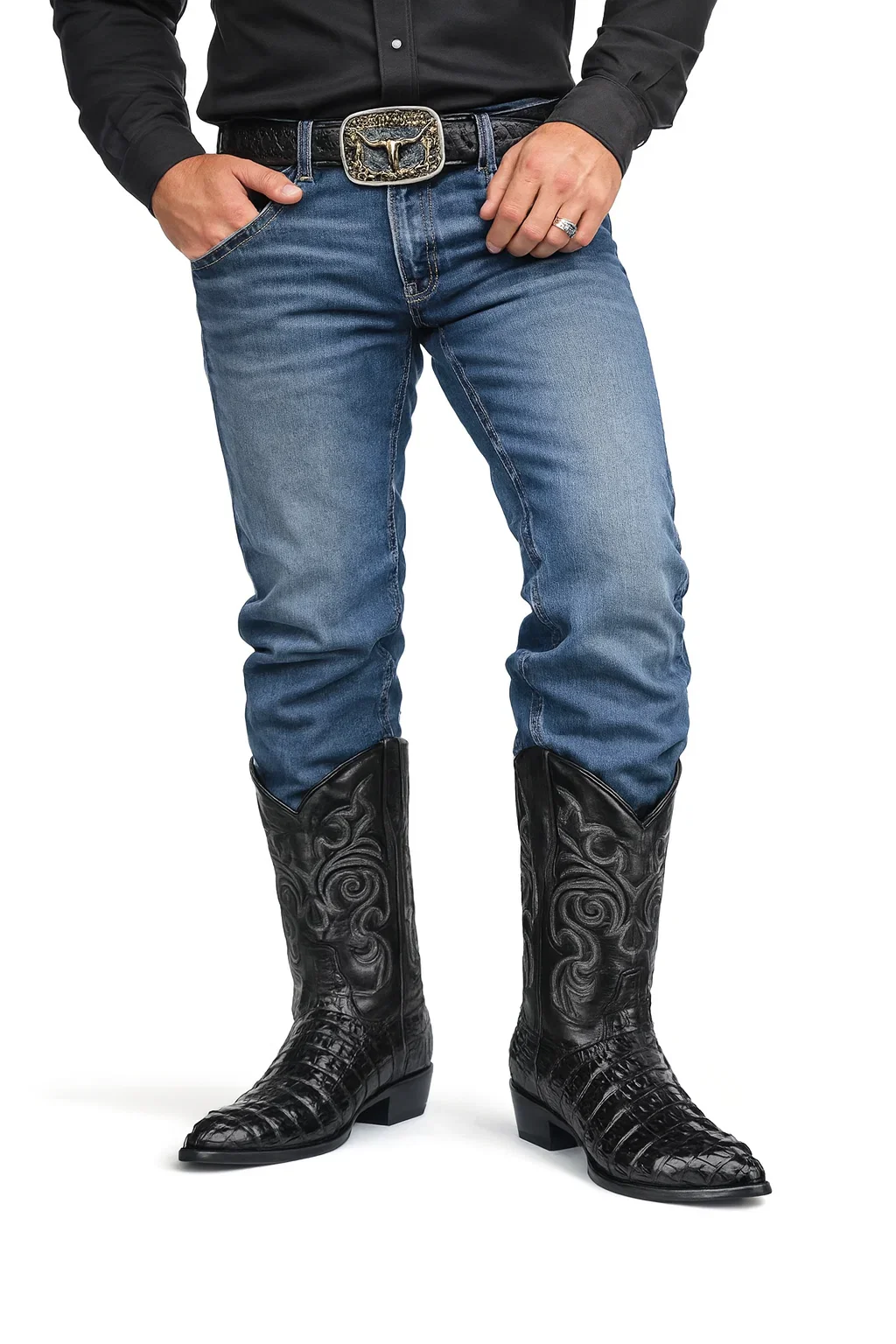Men's Black Lizard Print Cowboy Boots - Snip Toe Western Dress Boots - Image 5